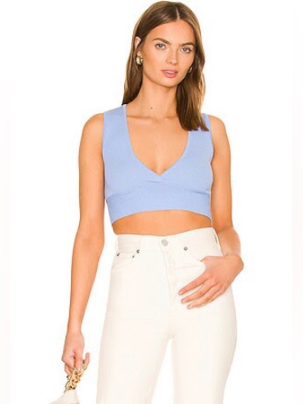 ALL THE WAYS MILA V NECK CROP TOP IN POWDER BLUE- SIZE MEDIUM